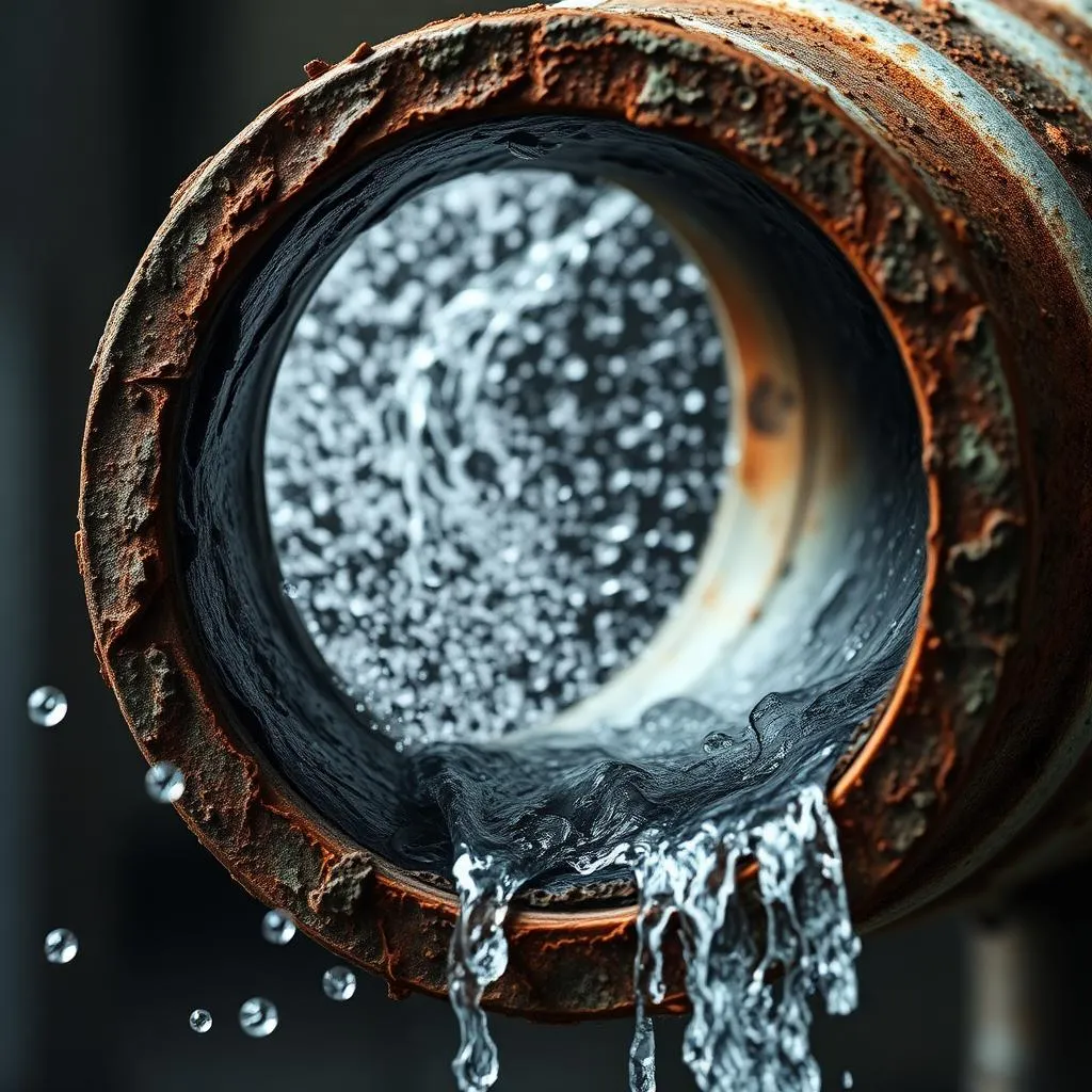Corroded metal pipe end with water pouring out of it