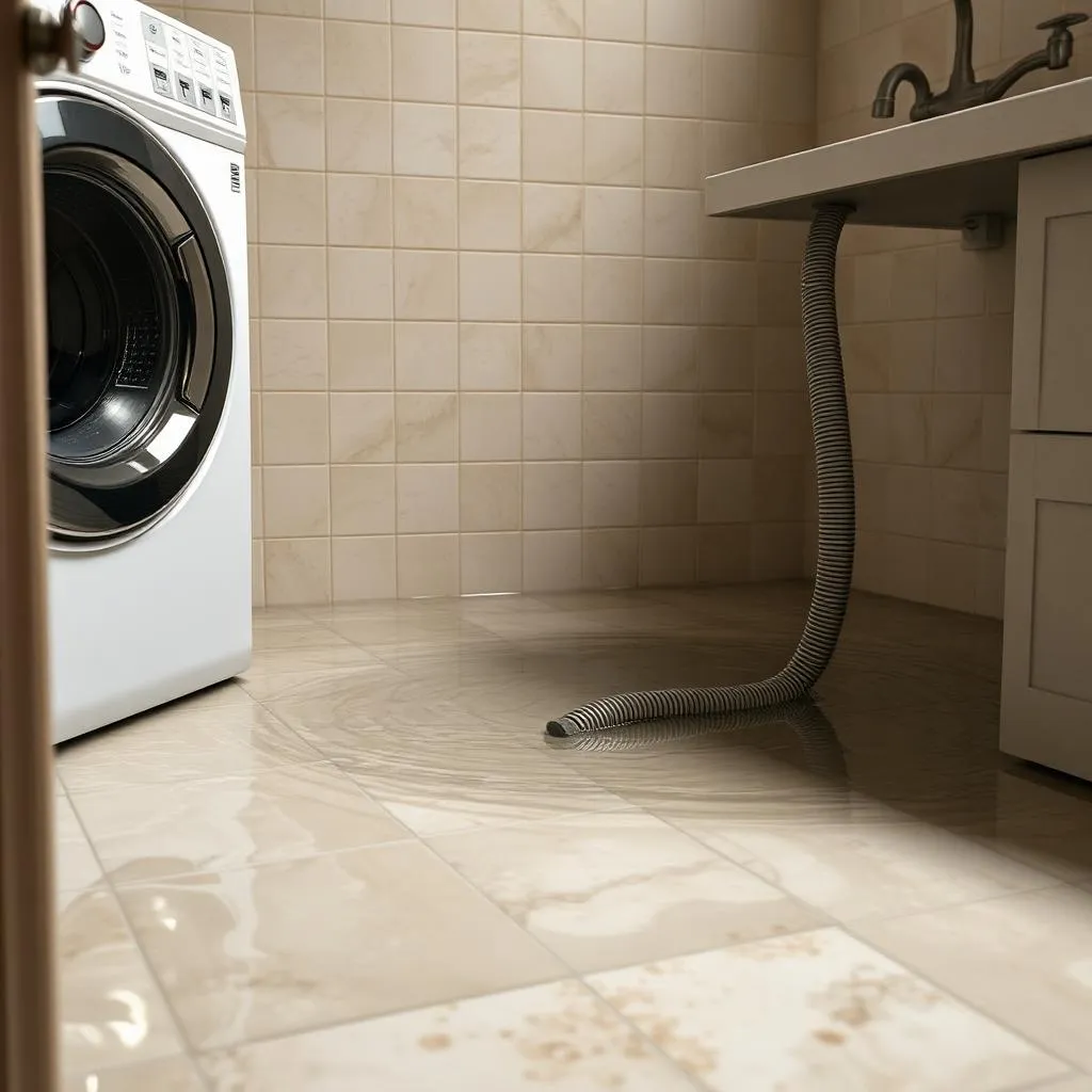 Standing water across a laundry room floor beside a washing machine