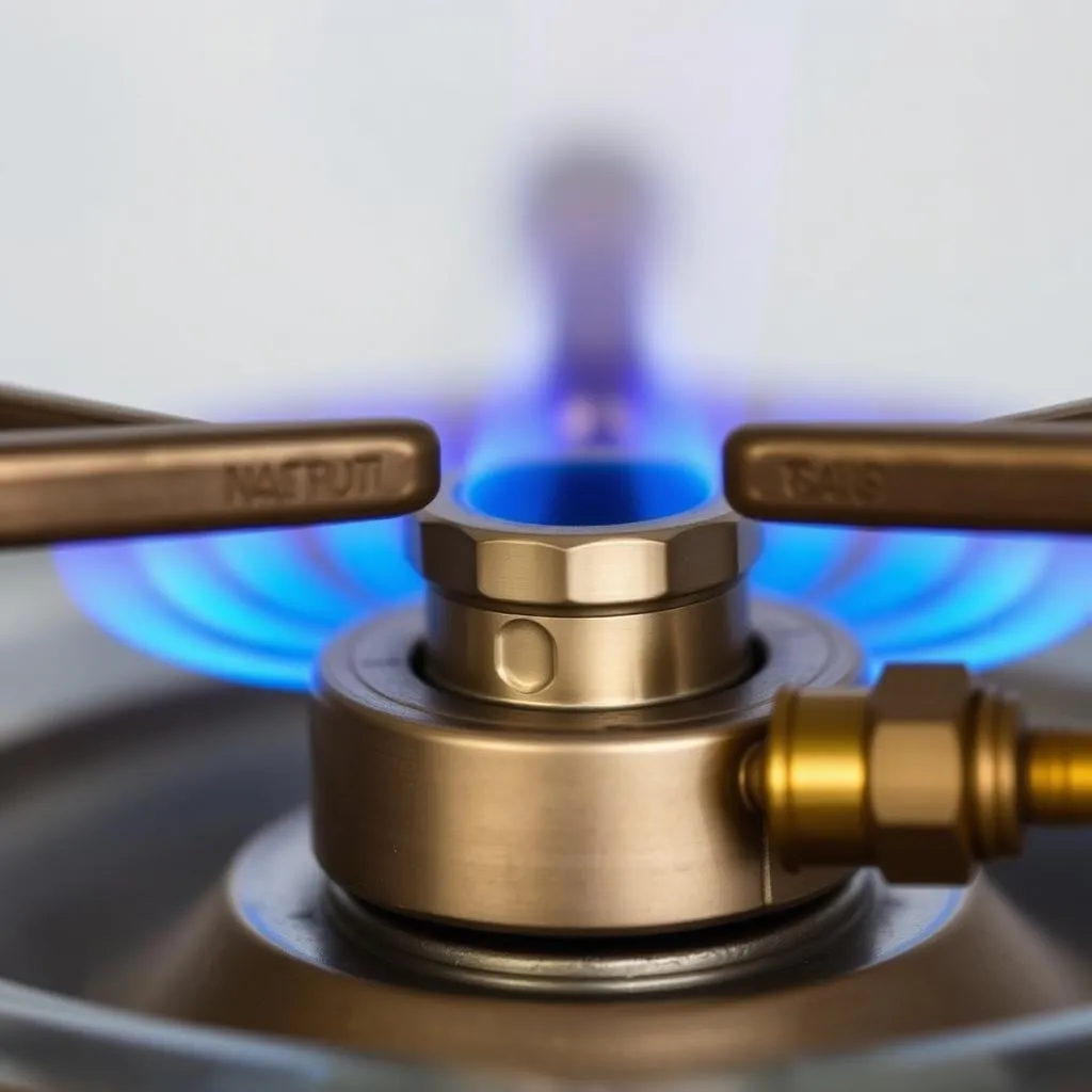 Blue gas flame burning at a brass burner valve