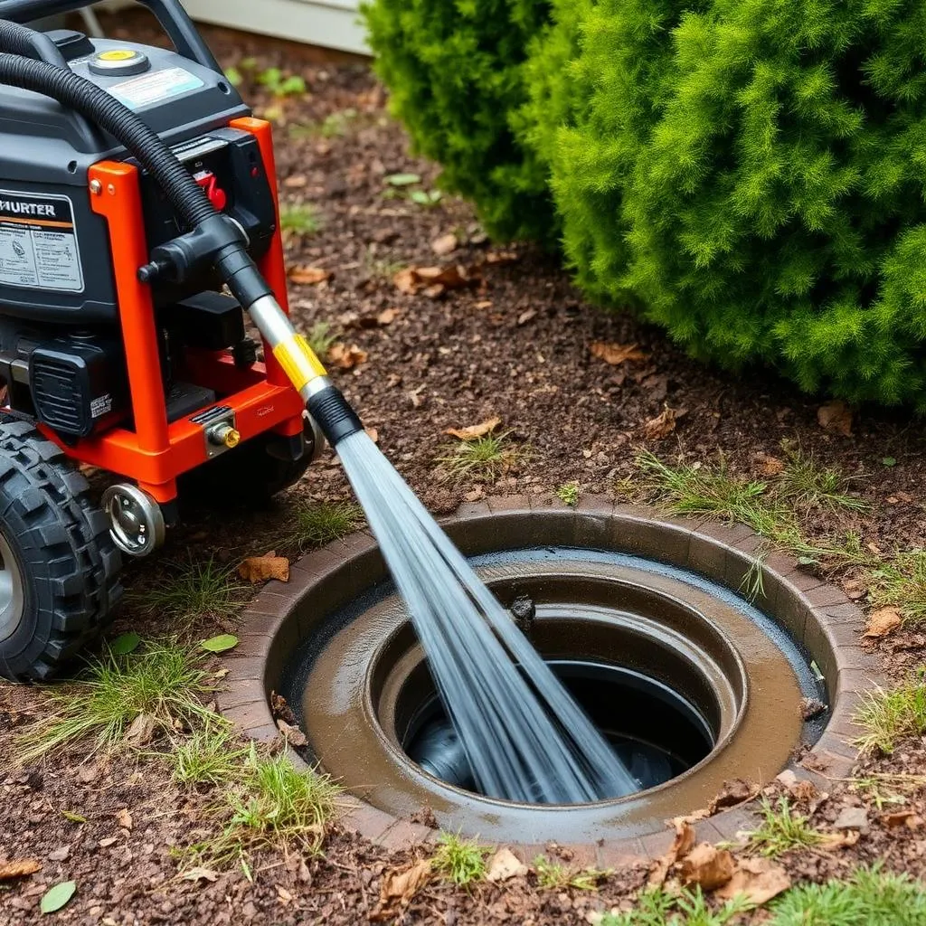 Hydro jetter hose spraying water into an open sewer cleanout in a garden bed