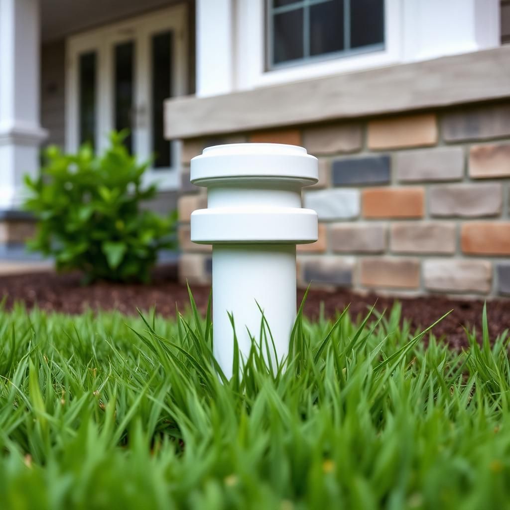 White sewer cleanout cap rising from a front lawn beside a house