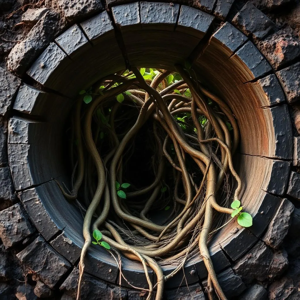 Tree roots grown through the inside of an old sewer pipe