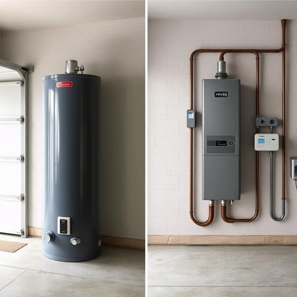 Tank water heater beside a wall-mounted tankless unit in a garage