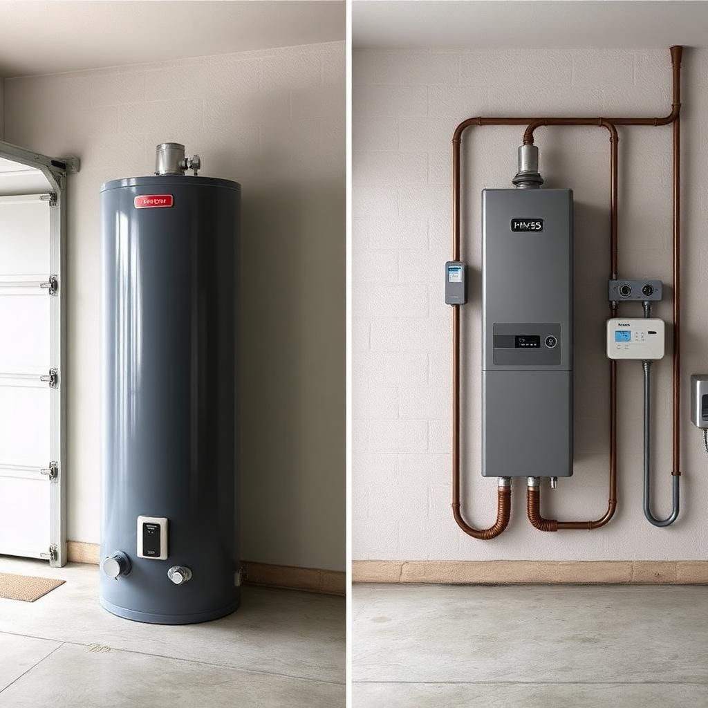 Tank water heater beside a wall-mounted tankless unit in a garage