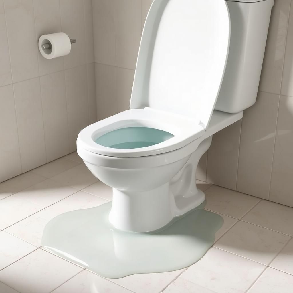Toilet with water pooled on the tile floor around its base