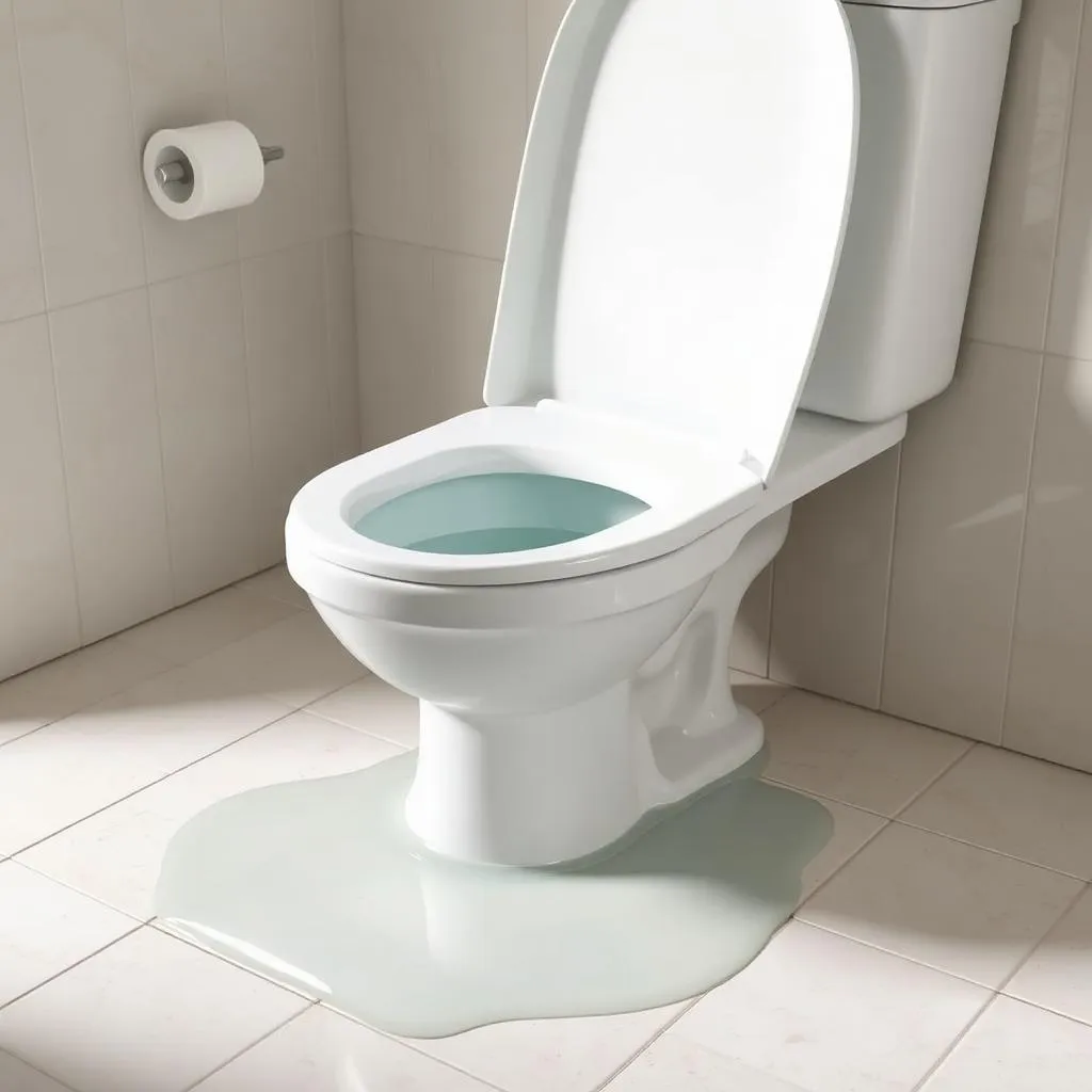 Toilet with water pooled on the tile floor around its base