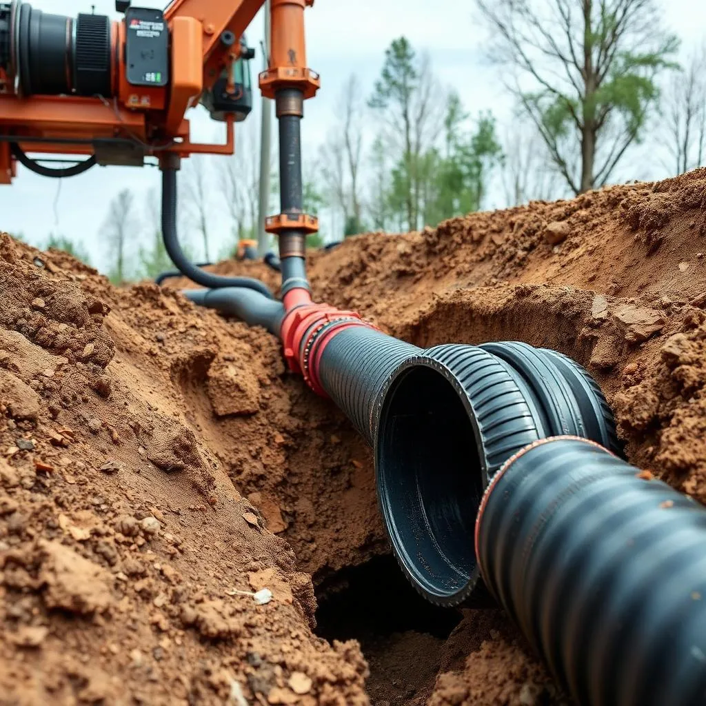 Trench with a large corrugated pipe and excavation equipment