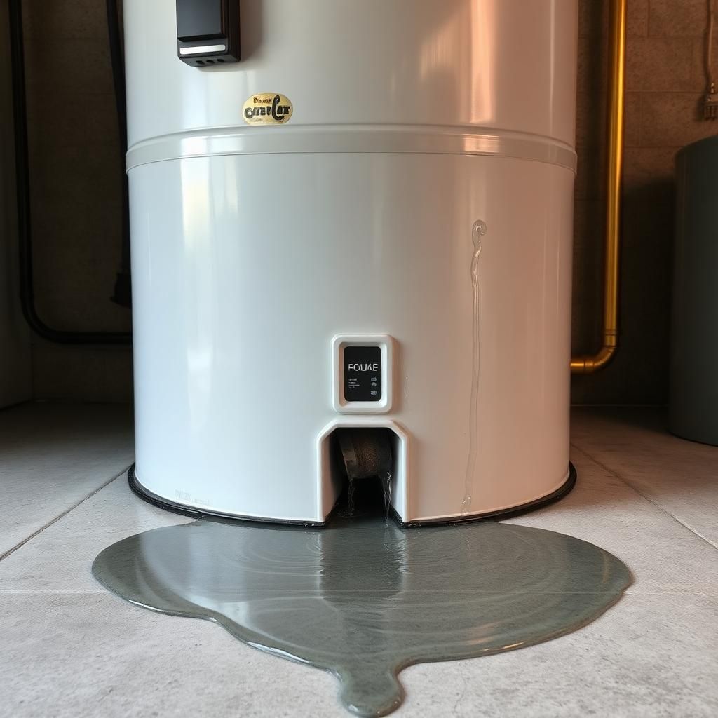 Base of a white tank water heater with a puddle of water on the floor
